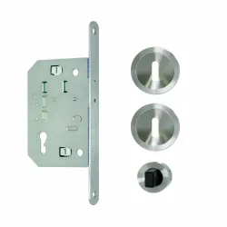 NI014 Kit serrure Clé L Axe 50mm + cuvettes aspect inox + tire-doigt