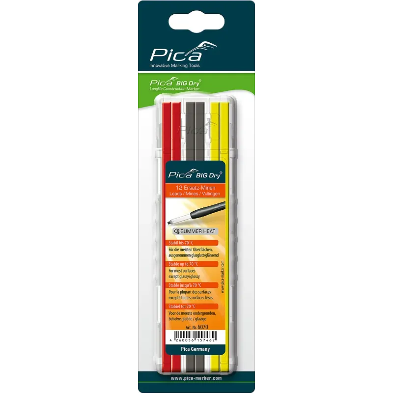 Pica Big Dry mines de rechange Été, graphite, rouge, jaune, accrochable, étuis d