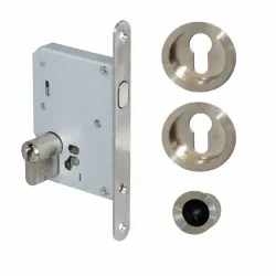 NI012 Kit serrure Axe 50mm + cuvettes aspect inox + tire-doigt + cylindre nickel